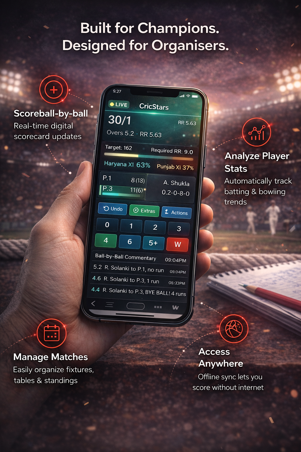 Cricstars cricket scoring platform dashboard preview